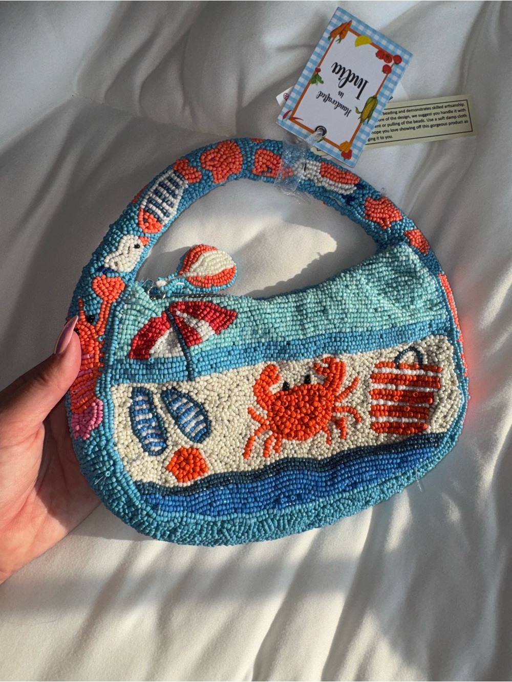 Crab at the Beach Beaded Handbag Handmade in India New with Tags - Picture 2 of 13